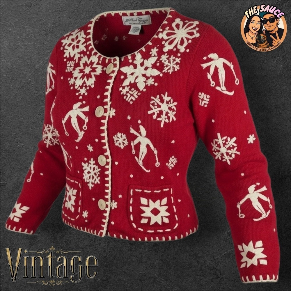 Michael Simon Petite Small Red Snowflake Skiing Fair Isle Sweater Vintage 1995